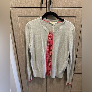 TAGS ON! NEVER WORN! Boden button down sweater. Grey with navy and red accents.